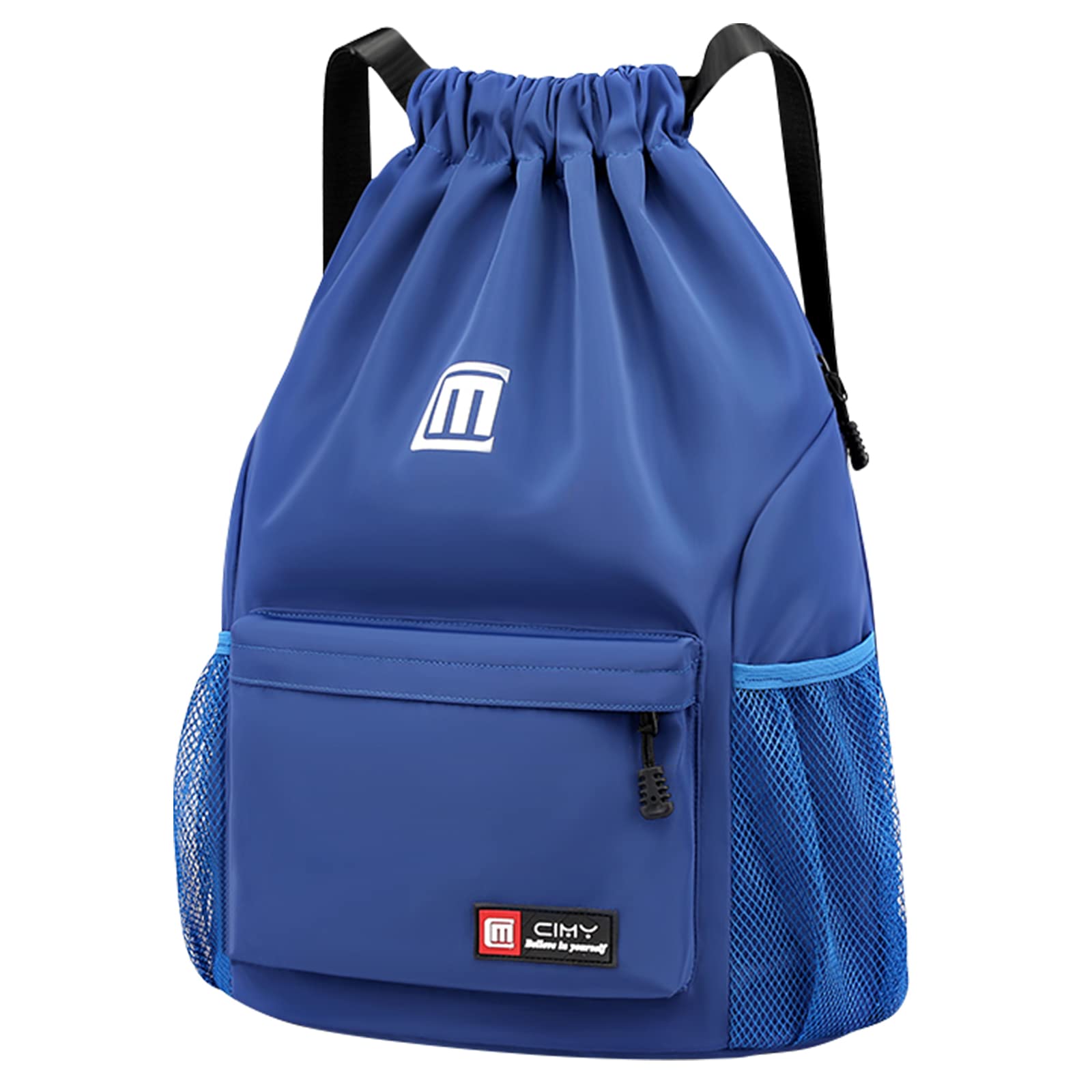 Pystuvo Drawstring Gym Bag, Large Drawstring Bags With Mesh Pockets Water, Nylon Waterproof Drawstring Bag Gym Bag Drawstring With Outside Zipper For Sports Holidays Swimming Travel,Blue