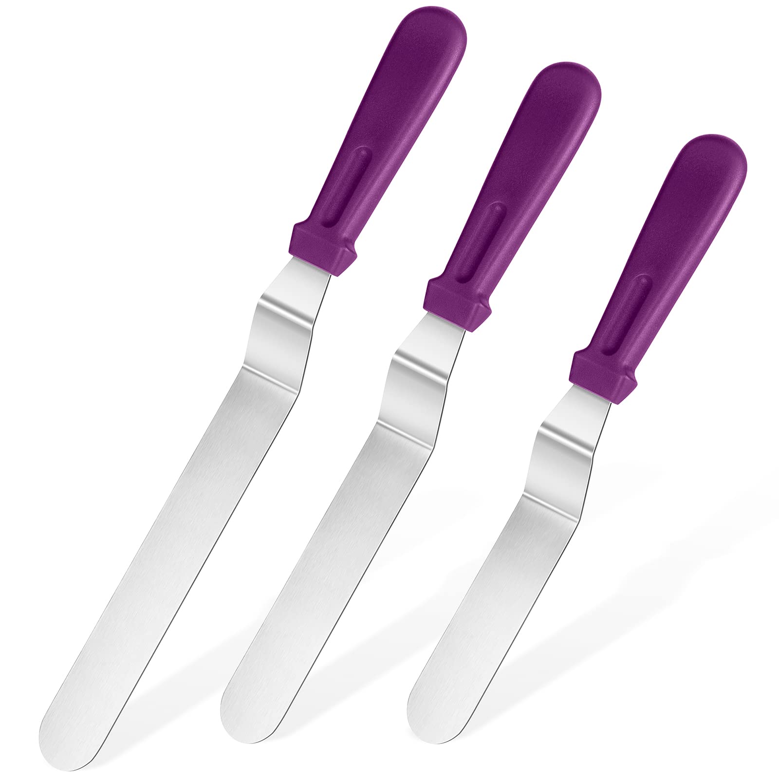 U-Taste Icing Spatula Set of 3: 18/0 Stainless Steel Cake Palette Knife, Angled Offset Spatula for Baking Cake Decorating Frosting, 15/20/25cm Metal Blade with 12cm PP Plastic Handle (Purple)