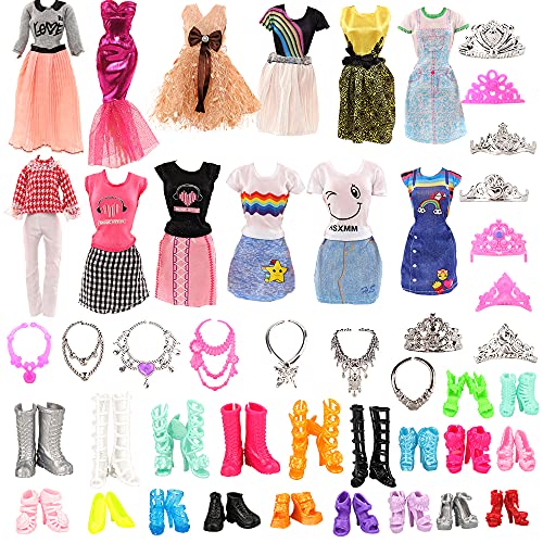 Miunana 27 pcs Doll Clothes and Accessories, 3 Doll Skirts + 2 Top+Pants or Top+Skirts +10 Shoes +6 Crowns +6 Necklaces for Birthday Christmas （Random style, Not Included Doll）for 11.5 Inch Girl Dolls