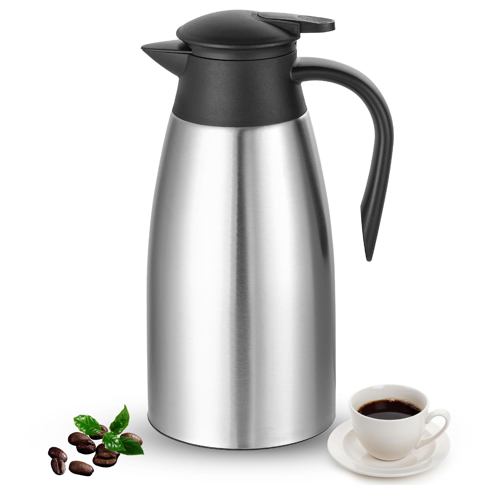 Osrioal 2L Thermal Coffee Pot, Stainless Steel Insulated Coffee Carafe with Press Button Top, Double-Walled Vacuum Jug, for Hot and Cold Drinks, Tea, Water, Beverage, Silver