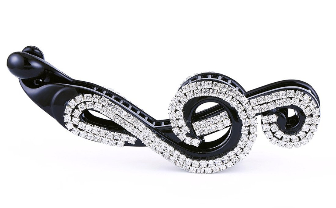 Womens Girls Crystal Rhinestone Diamante Small Bridal Wedding Guest Party Bridesmaid Birthday Hair Accessories Banana Styling Music Clef Treble 11cm Ponytail Hair Barrette Grip Claw Clamp Clip (Black)