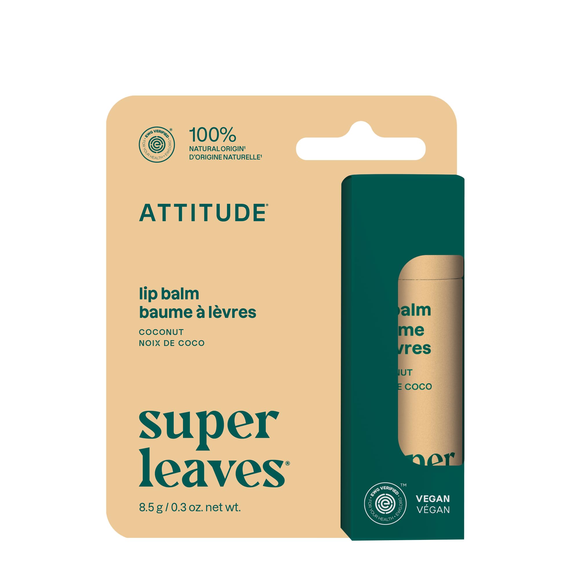 ATTITUDE Lip Balm, Natural Origin, Nourishes & Protects, Shea Butter, Coconut & Castor Oils, EWG Verified, For Dry Lips, Men and Women, Vegan, Coconut, 8.5 g