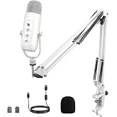 ZealSound Gaming Microphone for PC, USB Podcast Microphone with Noise Reduction, Mute &amp; Gain Control, Zero-Latency Monitoring, Echo Control, Boom Arm, for Mac, iPhone, Stream, YouTube, TikTok (White)