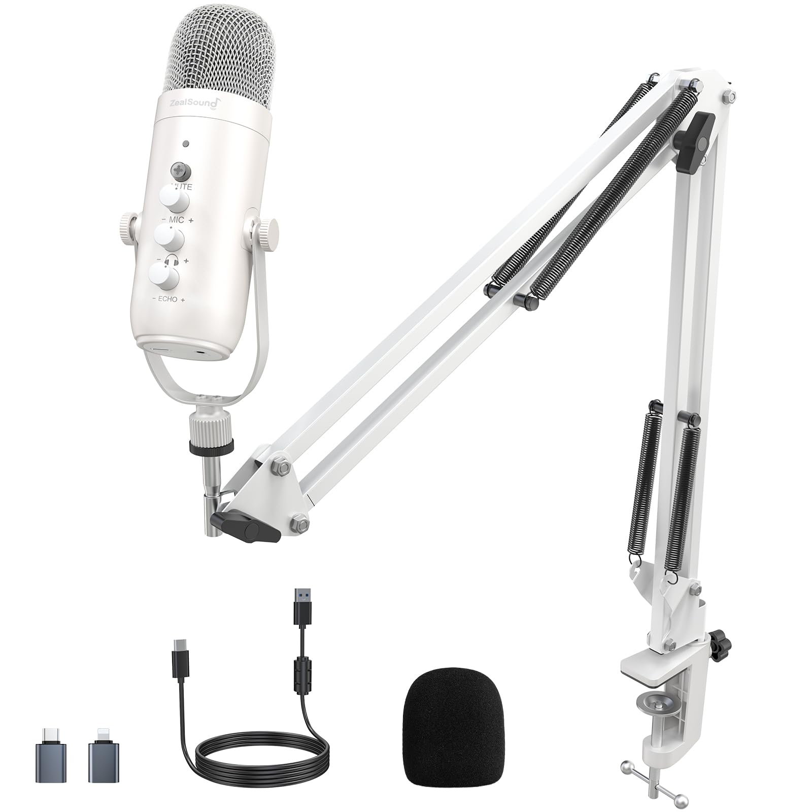 ZealSound USB Microphone Kit, k66 Pearly White Podcast mic for iPhone, PC, PS4/5, with Noise Cancelling, Mute, White Boom Arm, for Gaming, Recording, Voice Over,Zoom, Discord, YouTuber on Mac, Windows
