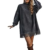 LAOMIT Womens Faux Suede Fringe Sweatshirt Dress Turtleneck Long Sleeve Tassel Solid Color Oversized Mini Dress with Pockets