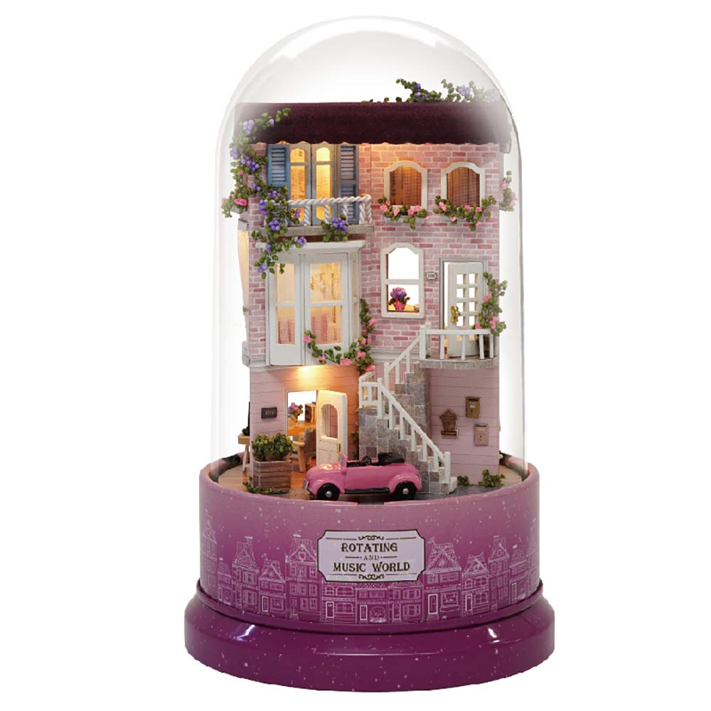 GF&EL Cute Room DIY Crystal Music Box, Rotating Music Box Handmade Music Globe With Led Strip Light