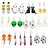 24 Pcs Halloween Themed Earring set for Women Goth Bat Black cat Alien Earrings Acrylic Cute Ghost Pumpkin Bats Knife Earring Halloweens Jewelry Gift