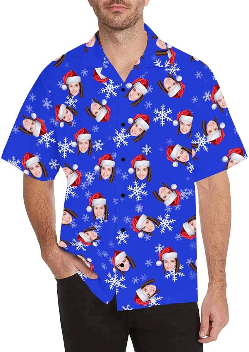 Custom Face Photo Christmas Tree Personalized Santa Claus Snowflake Hawaiian Christmas Shirts