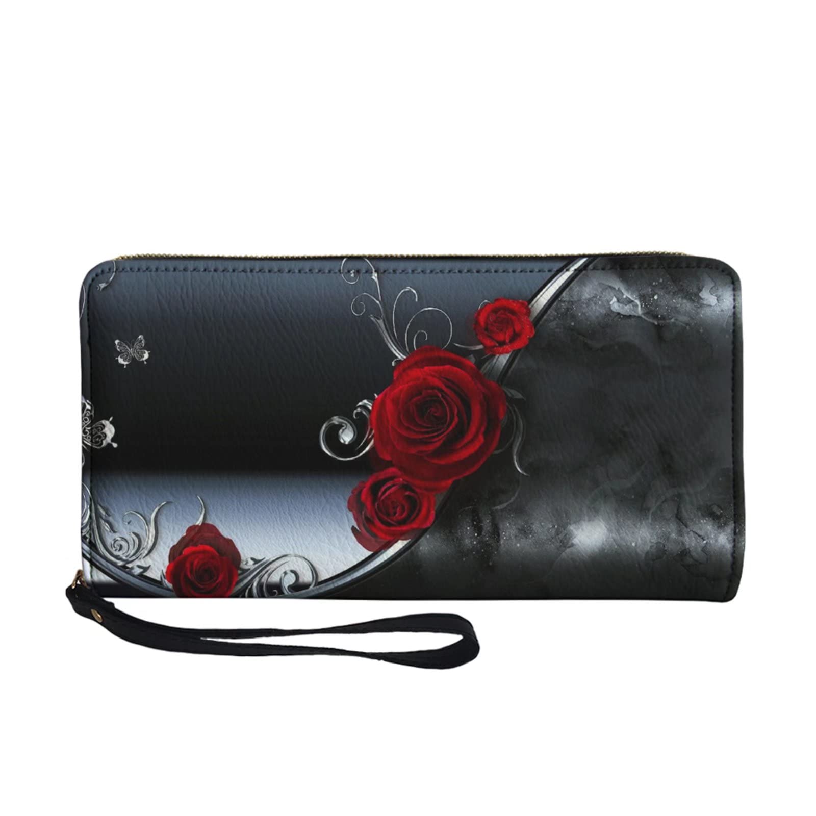 SCRAWLGOD Rose Design Wallet for Women Long Zipper Leather RFID Blocking Clutch Bag Card Holder Purse Handbag with Wrist Strap
