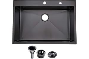 KINGO HOME 33″x22″x9″ Drop In Kitchen Sink Black, Top mount SUS304 Stainless Steel Gunmetal Black Sink 18 Gauge Single Bowl, Handmade Commercial Modern Workstation Prep Kitchen Sinks