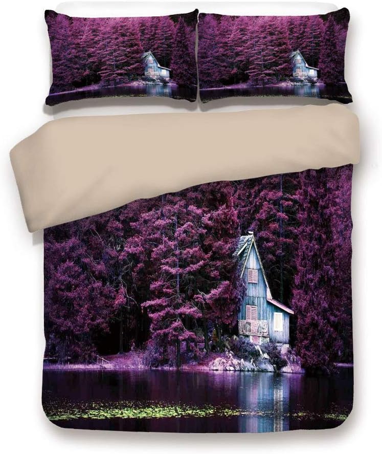 Khaki 3pc Bedding Set,Purple Trees by a Lake with Blue Wooden Rustic Lakehouse Lodge Romantic Spring Nature Full Duvet Cover Set,Printed Comforter Cover With 2 Pillowcases for Teens Boys Girls & Adult