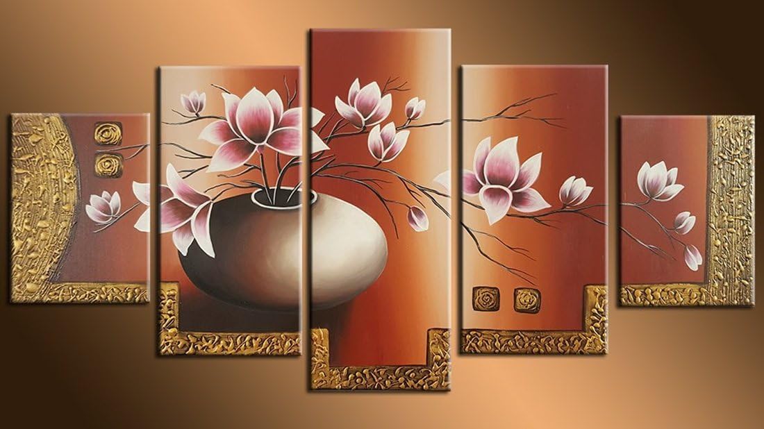 Very Artistic Hand Painted on Canvas Beautiful and Elegant Pink Flower Vase Oil Painting 5 Panel Artwork Landscape for Home and Wall Decoration