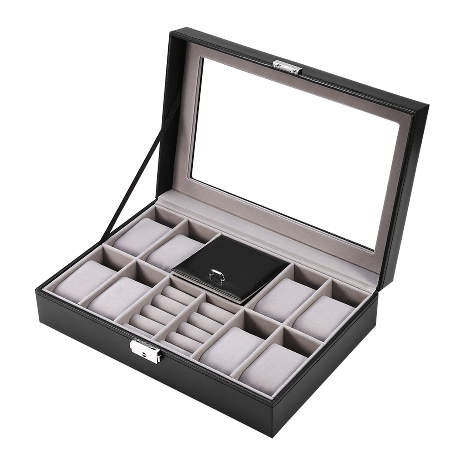 Glass Lid Multifunctional Watches Storage Case, 8 + 2 Grids Watches/Jewelry Display Storage Box/Case Bracelet Tray Faux Leather Black, Men Women Collection Boxes