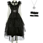 Halloween Women Black Gothic Tulle Cosplay Dress Party Ruffle Layered Prom Dance Costume Belt Necklace