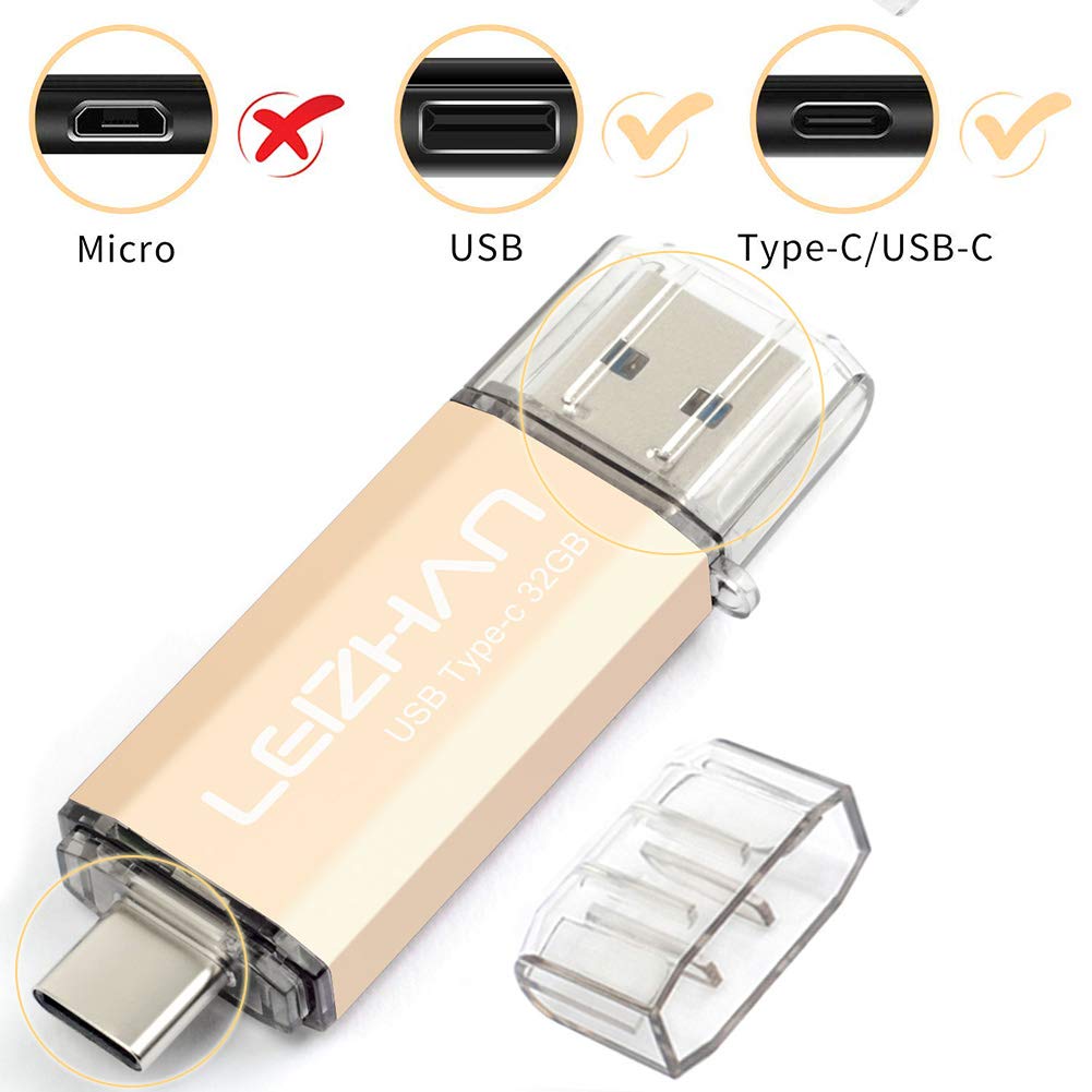 Type-C Flash Drive, USB-C Thumb Drive 3.0 for Samsung Galaxy Note10, S10,Note 9, S9, Note 8,S8,XiaoMi 9,Google Pixel,New MacBook, leizhan 32GB Photo Stick,Gold