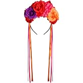 Nydotd Mexican Rose Flower Crown Headband for Women, Floral Fall Day of The Dead Headpiece for Halloween Costume Party