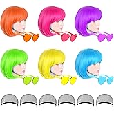 LOHO MAGICA 6 Pack Colored Wigs, Funky Colorful Wigs, Short Bob Hair Wig, Neon Party Wigs with Rimless Heart Sunglasses
