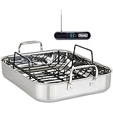 Viking 3-Ply Stainless Steel Roasting Pan with Non Stick Rack, 16 x 13 Inch Kitchen Cookware, Great for Turkey, Includes Probe Thermometer, Dishwasher and Oven Safe, Induction Ready, Silver