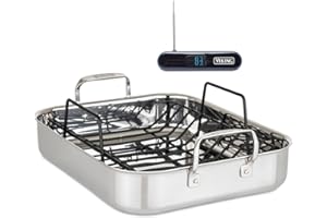 Viking 3-Ply Stainless Steel Roasting Pan with Non Stick Rack, 16 x 13 Inch Kitchen Cookware, Great for Turkey, Includes Probe Thermometer, Dishwasher and Oven Safe, Induction Ready, Silver