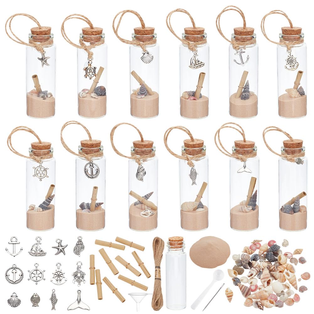 WEBEEDY 12 Sets DIY Glass Bottle Beach Ornaments Nautical Ocean Message Bottles Hanging Message in a Bottle Kit Glass Wish Jar for Beach Party Christmas Wedding Home Office Decor
