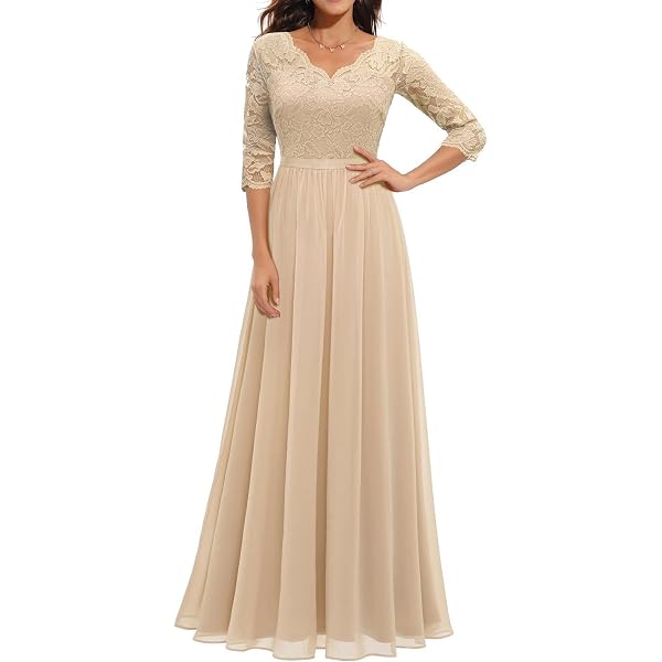 Amazon.com: Women's 2025 Summer Dress V-Neck Lace A-Line Maxi Evening Gowns  Bridesmaid Dresses Wedding Party Gown Long Dress Beige : Clothing, Shoes &  Jewelry