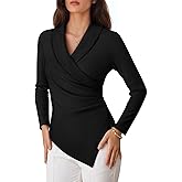 COCCKO Womens Long Sleeve Tops Dressy Casual Work Blouses Asymmetrical Slim Fit V Neck Wrap Shirts 2025