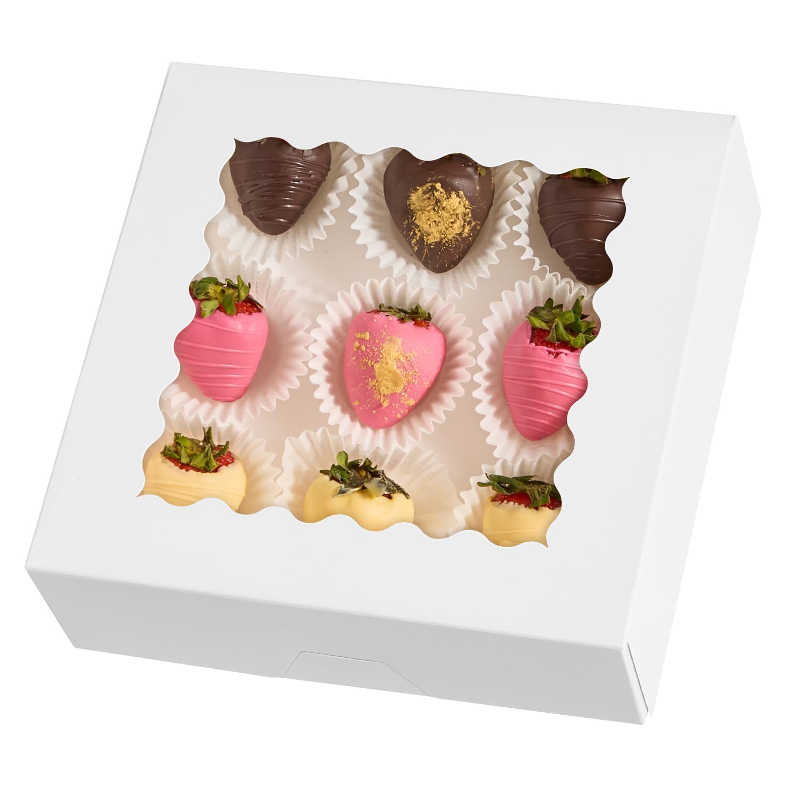 Photo 1 of 8" x 8" x 2.5" Pie Boxes, 50 Pack Auto Pop-up Chocolate Covered Strawberry Boxes White Bakery Boxes with Window for Cookies, Treats, Pastry, Breakable Heart, Donuts, Muffins