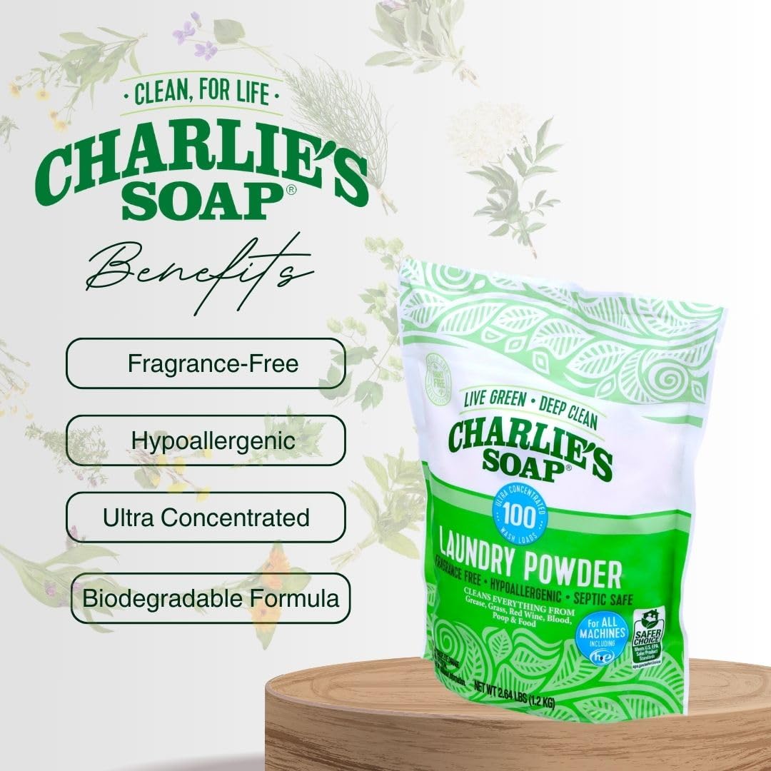 Charlie’s Soap Laundry Powder (100 Loads, 1 Pack) Fragrance Free Hypoallergenic Plant Based Deep Cleaning Laundry Powder – Biodegradable Eco Friendly Sustainable Laundry Detergent