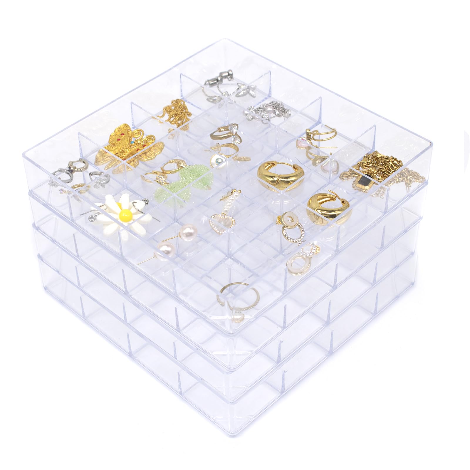 Photo 1 of 4 PCS Stackable Jewelry Organizer Tray, Plastic Storage Box with 16 Mini Grid (1.57''), Clear Organizer Tray for Drawer Dresser Vanity Desk, Jewelry Storage Box for Necklaces Bracelets Rings Earrings