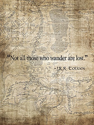 Not All Those Who Wander Are Lost - Map of Middle Earth Background - Tolkien Lord of the Rings Quote Print Poster - 12x16 inch