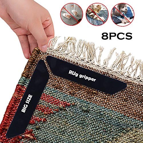 BYSMO Rug Grippers, 8PCS Reusable Super-Sticky Anti Curling Carpet Tape&Rug Pad Keep the Area/Outdoor/Bathroom/Kitchen Rug Flat and Tidy -(Black)