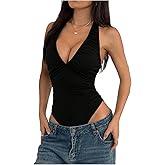 Milumia Women Sexy Deep V Neck Halter Bodysuits Y2k Going Out Club Concert Tank Tops