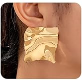 Chunky Gold Big Earrings for Women,Large Gold Square Liquid Dangle Drop Earrings,Exaggerated Geometric Earrings Cool Jewelry