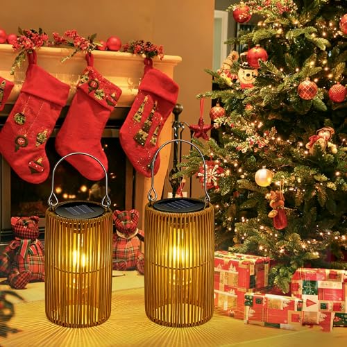 Zarmanuae Solar Lanterns, Rattan Waterproof Solar Lights for Outside Hanging Solar Lights Outdoor Solar Lamp Lights Decoration for Garden Yard Patio Porch Trees Lawn Pathway, 2 Pack