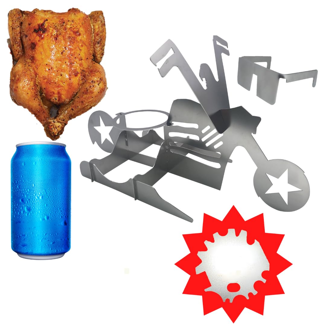 Tom's RiDICulous Things Merica Biker Motorcycle Beer Can Chicken Holder - Stainless Steel Funny Beer Can Holder Chicken Stand for Grill, Roaster, Oven, Smoker - BBQ Roaster Rack for Juicy Poultry