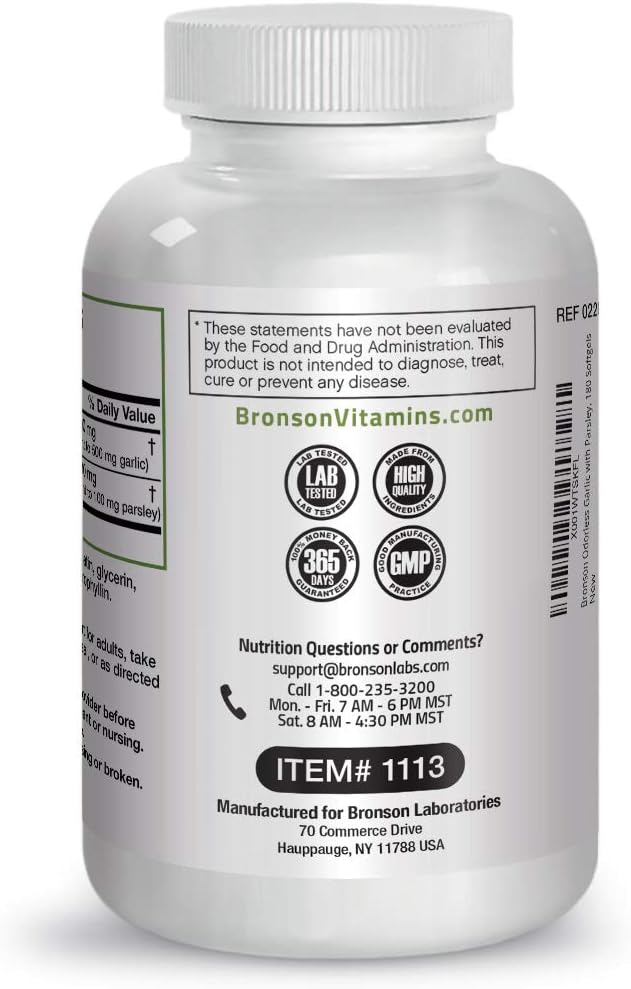 Bronson Odorless Garlic with Parsley Capsules 500 mg - Supports Cardiovascular Health - Promotes Immune Function, Non-GMO, 180 Softels: Health & Personal Care