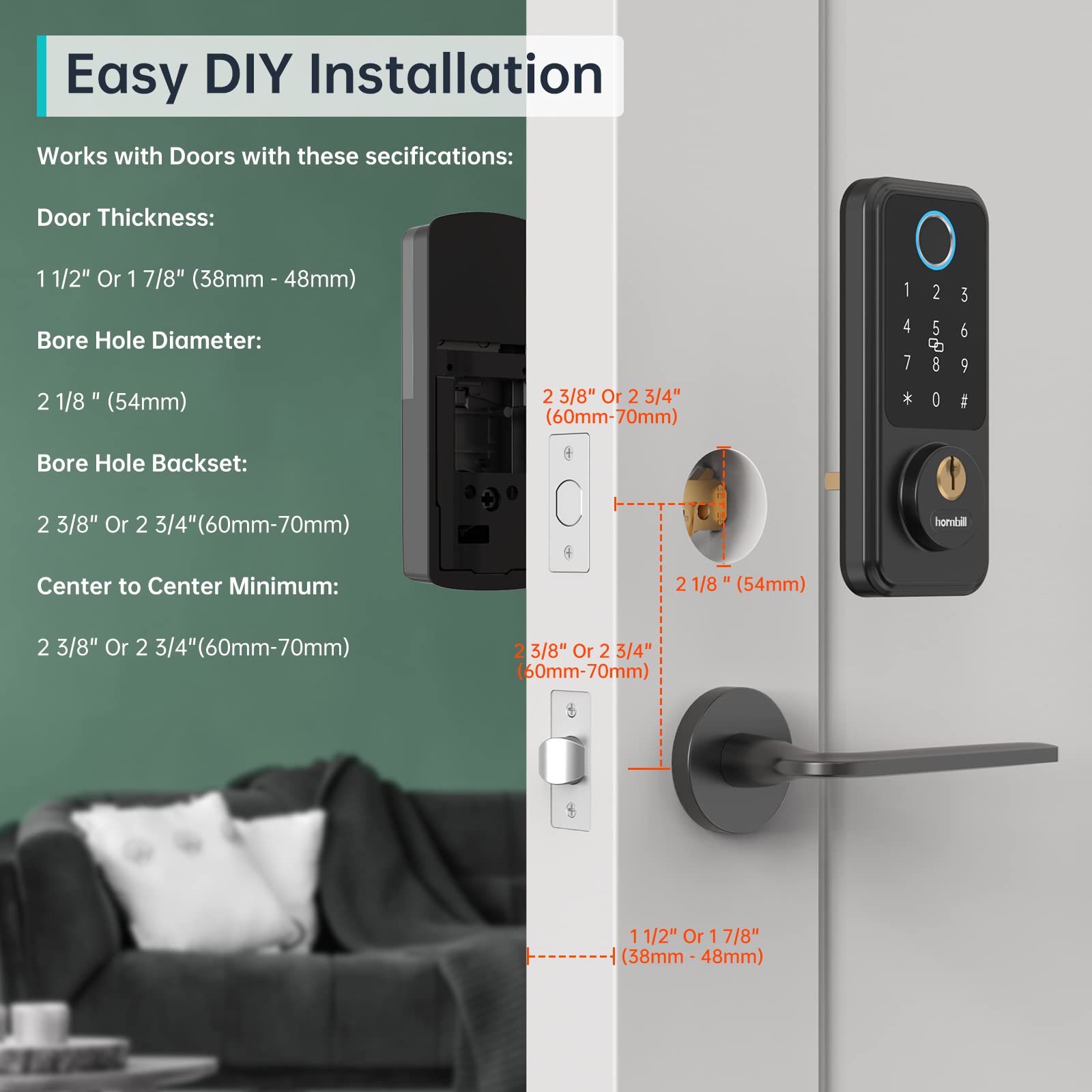 Smart Keyless Entry Door Lock, Hornbil Smart Deadbolt Door Locks for Front Door with Fingerprint Bluetooth Electronic Deadbolt, Biometric Touchscreen Keypad Door Lock, Works with App, Black