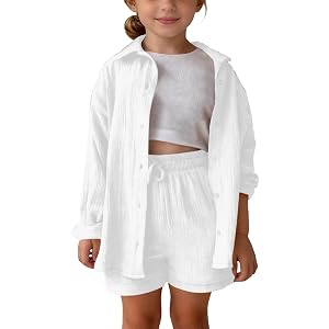 Girls 2 Piece Outfits Cotton Linen Sets Button Down Shirts Long Sleeve Oversized Shacket Elastic Waist Shorts Summer Clothes