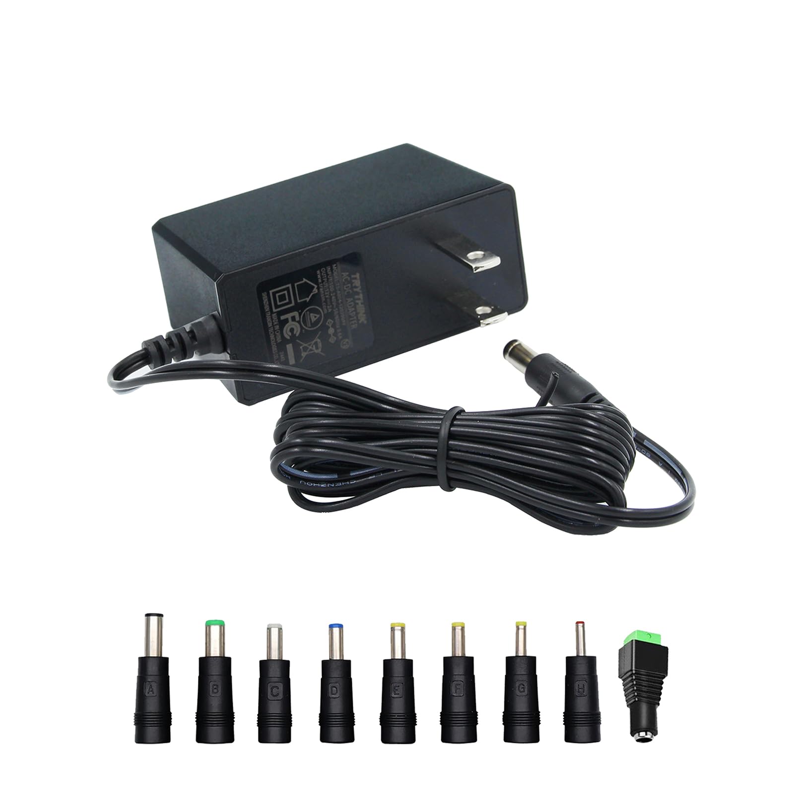 Photo 1 of 12V Power Supply, 12V 2A 24W Universal AC to DC Power Supply Adapter with 5.5mm x 2.1mm Tip and 9 Interchangeable Jacks Plug for LED Strip Lights, CCTV Cameras, Routers, Speakers and More, 1 Pack