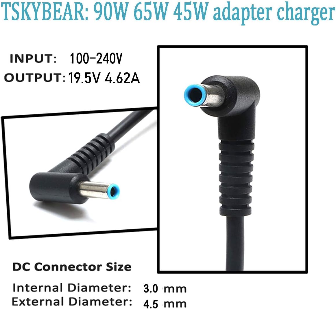 Laptop Charger Compatible with HP 250-G7 250-G6 G5 G4 350-G2 EliteBook ProBook G3 G4 G5 G6 G7 430 440 450 455 470 640 645 655 with Blue Tip 4.5mm × 3.0mm 90W/65W/45W UK Power Supply Adapter - Image 4