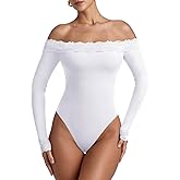 REORIA Women's Sexy Off The Shoulder Long Sleeve Bodysuit Lace Body Suits Going Out Tops Fall Outfit 2025