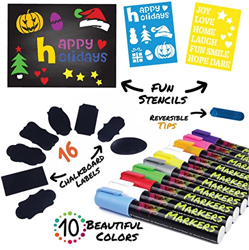 Chalk Markers by Vaci, Pack of 10 + Drawing Stencils + 16 Labels, Premium Liquid Chalkboard Neon Pens, Including Gold, Silver and Extra White Ink, Bullet or Chisel Reversible Tips