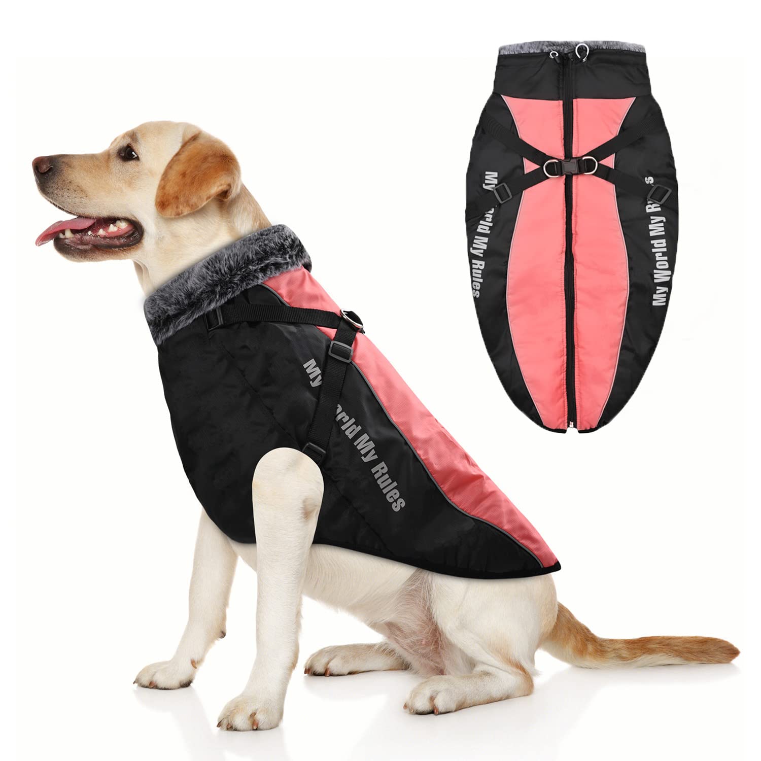 YUDISEN Dog Winter Coat Jacket, Dog Waterproof Warm Vest With Fluffy Turtleneck, Reflective Safety Stripe Clothes Windproof for Medium Large Dogs (Red, 6XL)