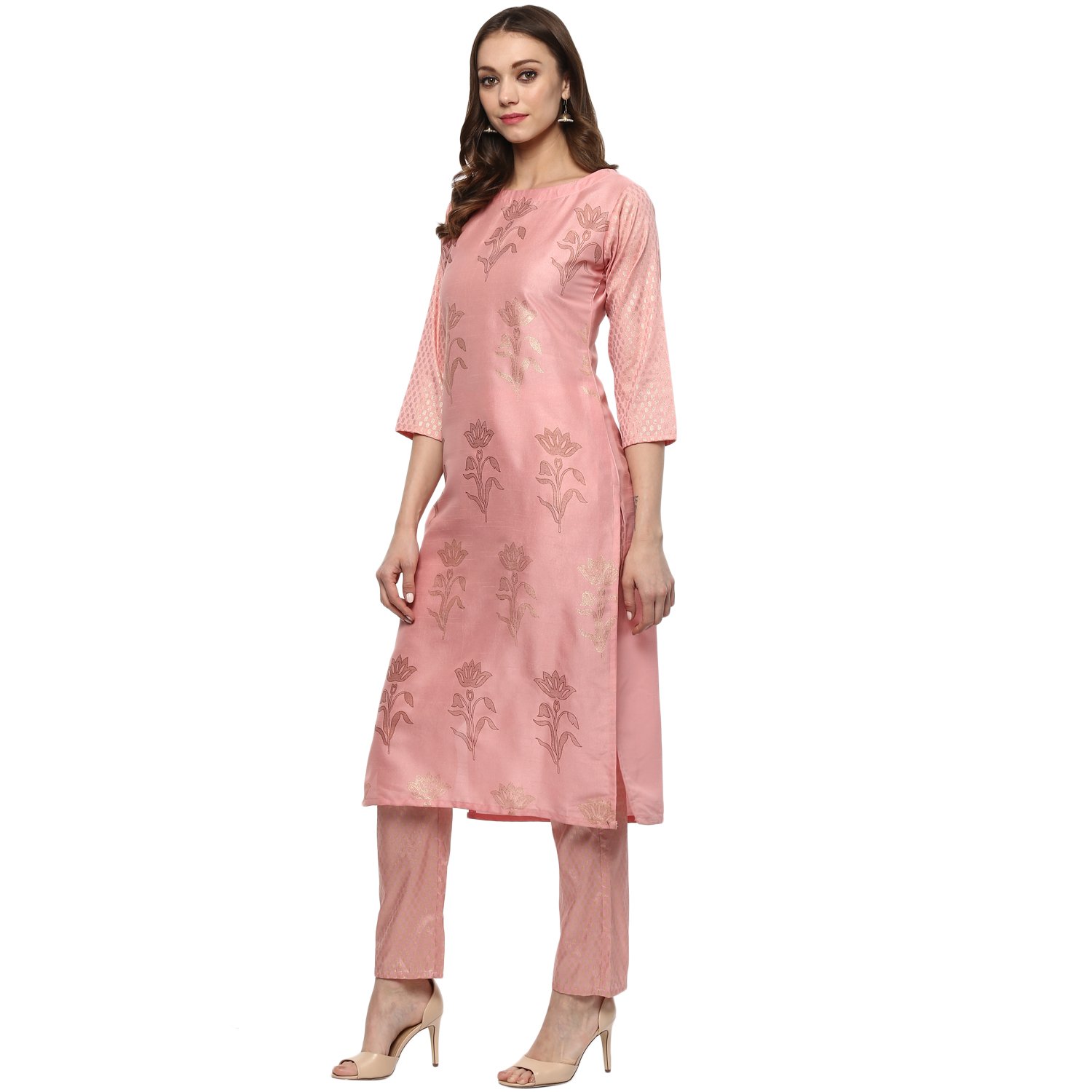 ziyaa women's pink colour straight polysilk gold foil print kurta (zikups2068)