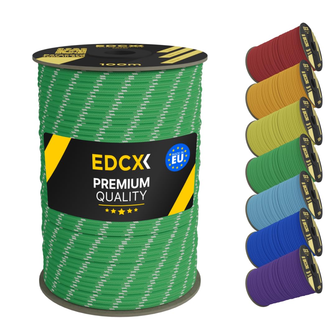 EDCX 4mm Nylon Paracord 550 100m (330 feet) | Ideal for Camping, Survival, Outdoor, Crafting, DIY | 100% Nylon Rope 4mm | Paracord 550 Type III in Solid Color (Reflective Green, 100 m)