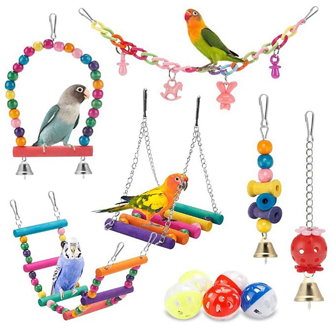 DeryArcle 11 Pcs Parakeet Toys Set, Bird Hanging Swing Toy With Bells + Parrot Chewing Toy + Parakeets Hanging Bells Toy +Bird Hollow Bell Ball, Suitable For Parrots Lovebirds Finches (11 pieces set)