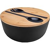 Bamboo Fiber Salad Bowl, Large Bamboo Salad Bowl with Lid Spoon and Fork, 9.8inches Mixing Bowl with Servers bamboo wooden salad bowl with lid for Salad Fruits Pasta Vegetables