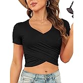 Women's Short Sleeve Crop Top Deep V Neck Stretchy Slim Fits Cross Wrap Tops Tee