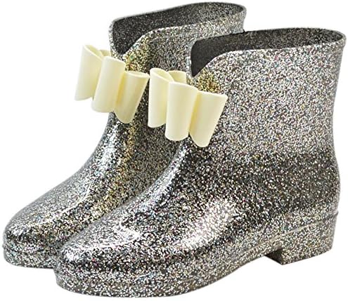 Women's Waterproof Rubber Jelly Anti-slip Rain Boot Buckle Ankle High Rain Shoes Black Bowknot US 8