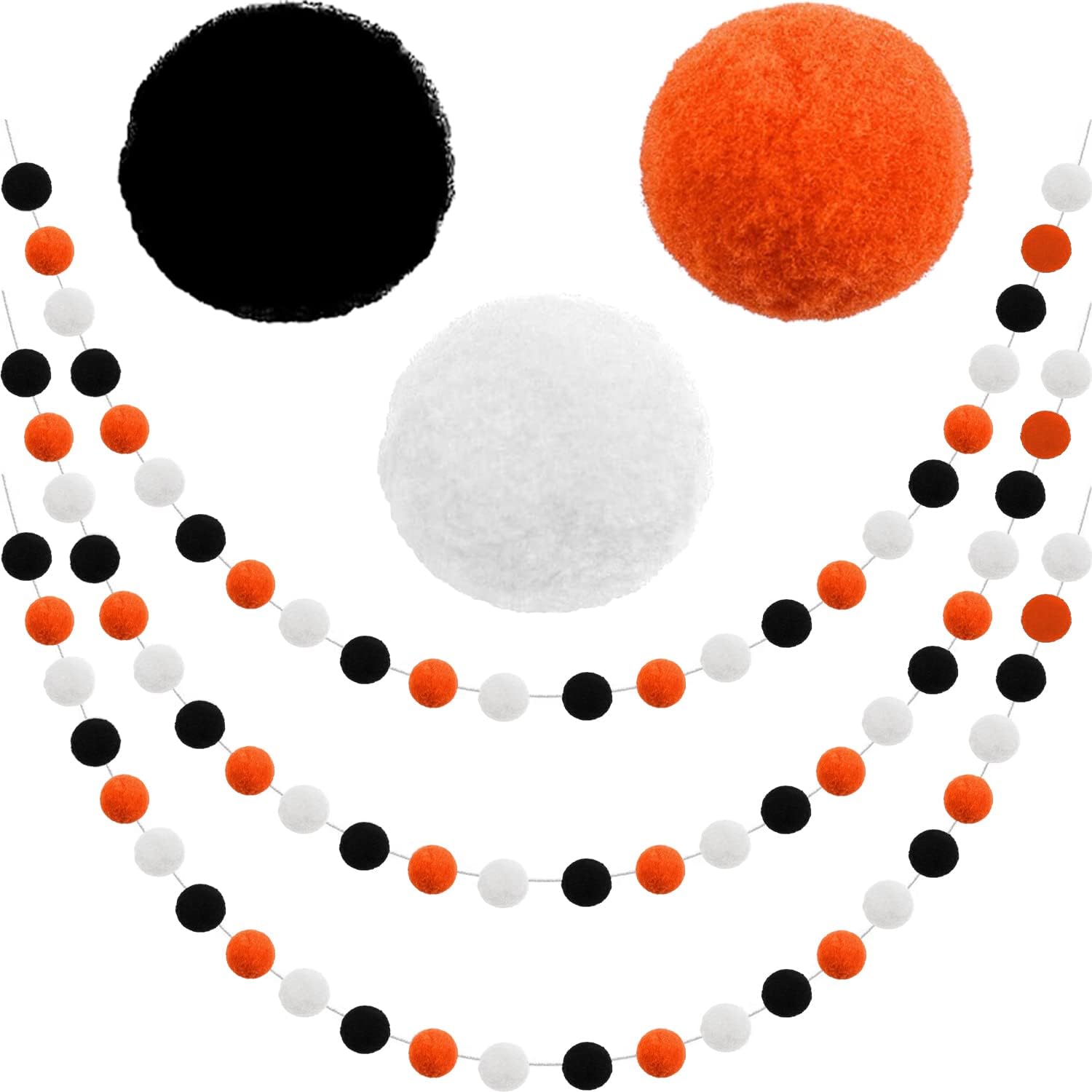 Wreaths, Garlands & Swags - Jishi Halloween Decorations 3Pk Felt Ball Pom Pom Garland, Cute Halloween Decor Indoor Home Room, Office Birthday Party Banner, Orange Black White Pompom Bead Strings, Holiday Christmas Tree Ornaments